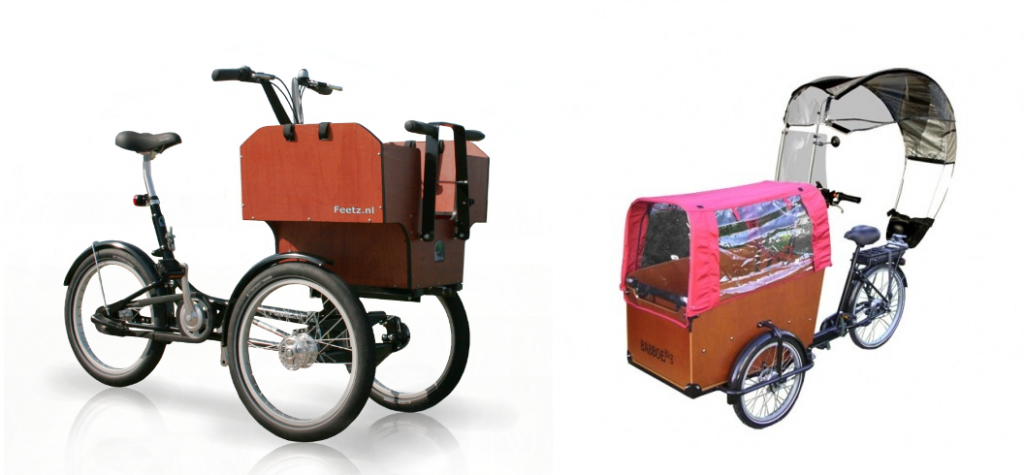 Photos of Feetz tilting Trike and Veltop weather covering on a cargo Trike